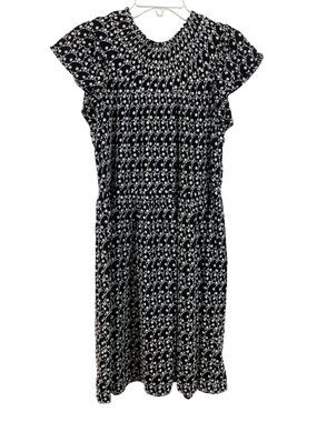 Loft Black & White Embroidered Smocked Midi Dress Size M